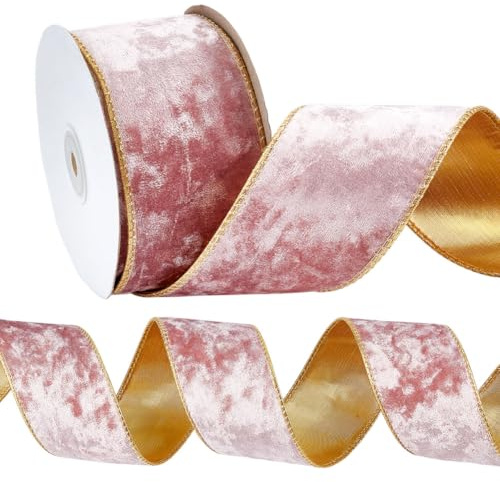 MAYJOYDIY Cinta de terciopelo rosa con alambre de 9,1 m, bordes dorados, cinta de Navidad de terciopelo aplastado rosa rosa para envolver regalos, boda, decoración de vacaciones, manualidades, coronas