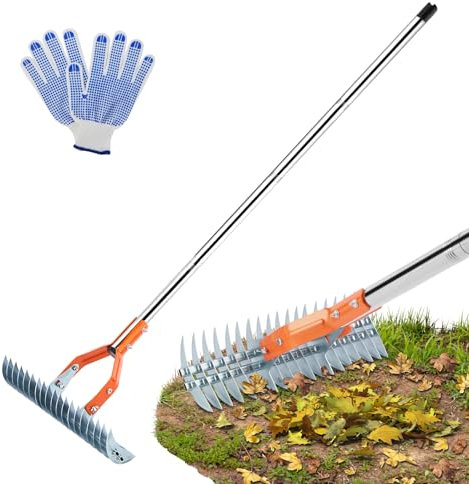 Garden Rake, Maypott 15 Inch Heavy Duty Thatch Rakes with Long Handle for Lawns Versatile Grass Grooming Ra-ke Steel Metal Lawn Scarifier Rake for Cleaning Yard Garden Soil
