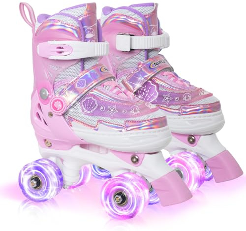 MammyGol Adjustable Kids Roller Skates for Girls or Boys, Underwater Landscapes Quad Skates with All Light Up Wheels for Indoor Outdoor Sports
