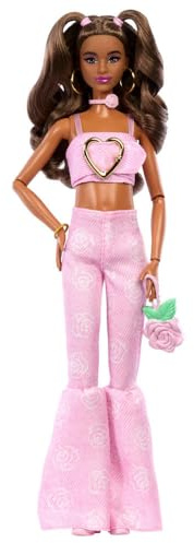 Barbie Deluxe Style Doll #12 in Pink Denim Crop Top with Matching Rose Print Flare Jeans, Wavy Brown Hair, Accessories Like Rose Handbag and Jewelry