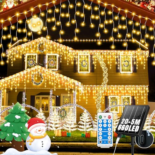 GCMacau Solari Tenda Luminosa Esterno [20m + 5m], 660LEDs Luci Natale Esterno con 2500mAh Pannello Solare,Collegabili,8 Modalità,Luminosità Regolabile,IP65 Luci Natale Esterno Cascata [Bianco Caldo]