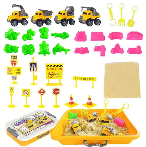 LYPPUL 35pcs Magic Sand Für Kinder,Magic Toy Sand Für Kinder, Kinetischer Sand Baustelle mit 1.36KG Sands, 4 Baustellenfahrzeug, 8 Burgformen, 10Straßensperren etc