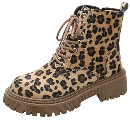 Generisch 2026 Botines Mujer Invierno Leopardo Encaje Tacón Grueso Botas Cortas, marrón, 38 EU