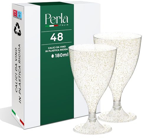 Perla - 48 Calici da Vino in Plastica Rigida - Trasparente con Glitter Dorati da 180ml - Bicchieri Resistenti e Riutilizzabili - Bicchiere Calice Vino per Compleanni Matrimoni e Feste