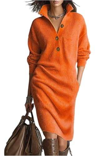 Robe Pull Hiver Femme Col Droit - Robe Tricot Femme Long Couleur Pure, Robes Mode Décontractée - Pulls Vintage Convient pour Le Printemps, L'automne Et l'hiver Safran M