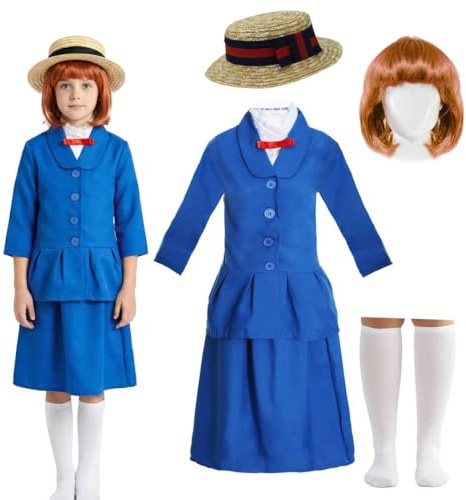 Girls Parisian Schoolgirl Costume Set – Blue Jacket and Matching Skirt, Straw Hat, Socks & Wig – World Book Day and Classic Storybook Character Dress Up – Children's Fancy Dress Costume