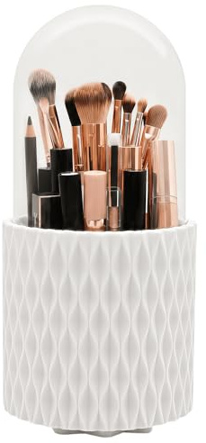 scicent Makeup Brush Holder with Lip, 12x23cm, 360° Rotating Make up Organiser, Container Cosmetic Display Cases (White)