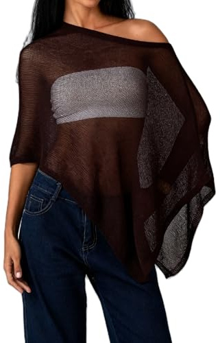 DexQur Womens Sheer Poncho Top Y2k Knitted Summer Asymmetrical Mesh Shawl Pullover Sweater Cover Up Tops (Dark Brown, One Size)