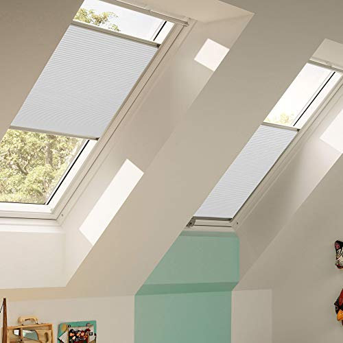 Original VELUX Faltstore DuoLine FHC S06 1045S Für // GGL, GTL, GPL, GHL, GXL S06, 606 und GGU, GTU, GPU, GHU, GXU S06 // in Stofffarbe 1045 / Uni Weiß - Abdunkelung Verdunkelung Wabenplissee // Seitenschienen in Silber _26070