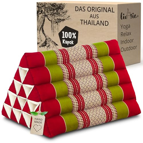 livasia Rückenstützkissen extrahoch - 38x55x35cm - Dreieckskissen für Garten und Balkon, Keilkissen mit Kapok, Lagerungskissen für Beine, handgefertigt, Meditationskissen (Rot/Grün)