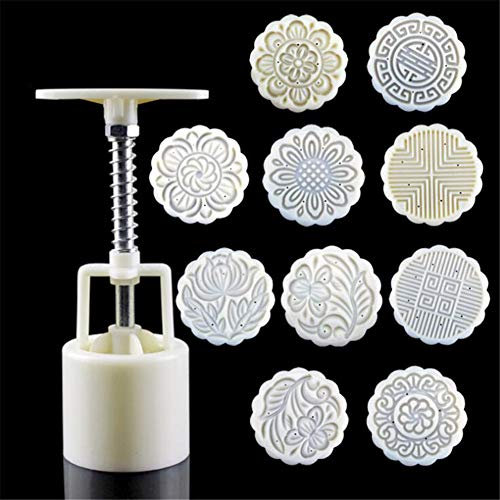 11PCS/set Mooncake Mold, mano pressione Maker Mould + 100g Flower Mode francobolli kit pistone, plastica rotondi biscotti e biscotti, dolci a forma di luna, Kitchen DIY cottura pasticceria s