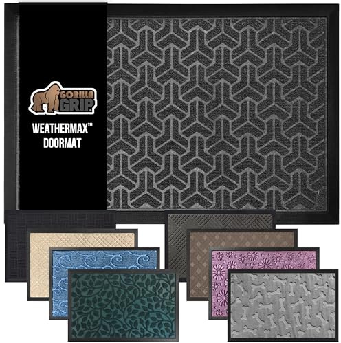 GORILLA GRIP WeatherMAX Door Mat, Indoor Outdoor Use, 29x17, Gray Geometric