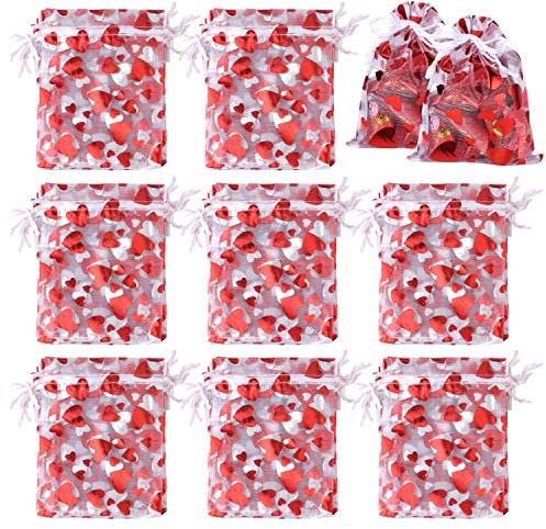 TUPARKA 120Pcs Red Love Heart Organza Drawstring Gift Bags For Jewelry Packaging Wedding Party Favor Bags 3.94x4.72 Inch