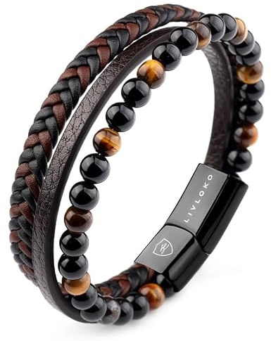 LIVLOKO LONDON Gift Boxed Mens Bracelet Leather Black Multi-Layer Tiger Eye Stone Beads Magnetic Steel Clasp Viking Rope Bands Surfer Man Wristband Male UK Jewellery Gift box Husband Boyfriend Dad Son
