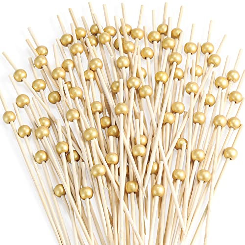 100 Pcs Cocktail Picks, 12 CM Toothpicks for Appetizers, Bamboo Cocktail Sticks Skewers for Drinks, Desserts, Charcuterie, Wedding Party Fancy Toothpicks, Gold Pearl Mini Food Picks Decorative