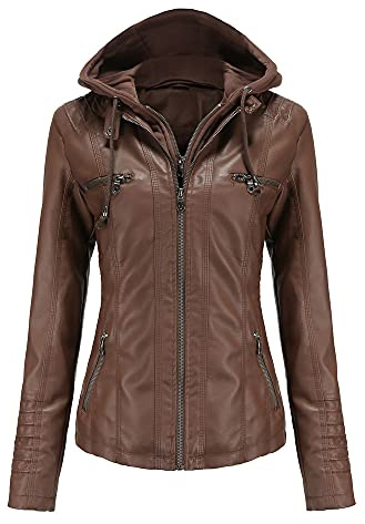 DISSA Veste biker femme en simili cuir à capuche Zip,Marron foncé,54