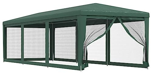 vidaXL Green Party Tent 3x9 m with 8 Mesh Sidewalls - Water- HDPE Canopy Pavilion Marquee - Iron Frame, Protective Roof