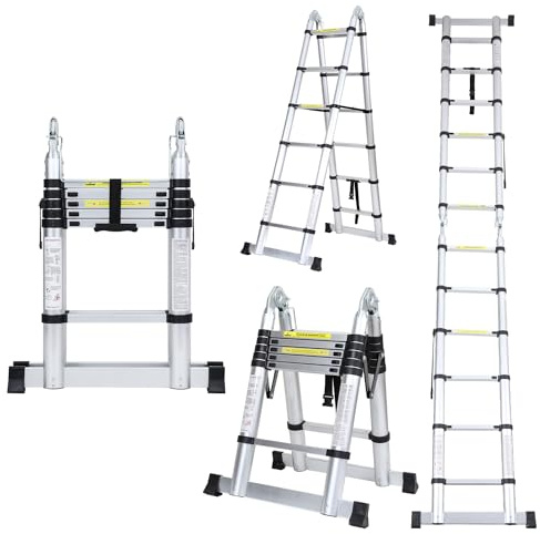 Sonnewelt Escalera telescópica de aluminio antideslizante, 3,8 m (1,9 + 1,9), 150 kg/330 libras, extensible, con asa, multiuso