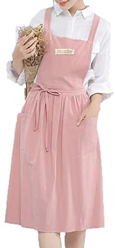 Gaf Nuncew - Delantal para mujer (algodón y lino, con tirantes cruzados, babero, algodón, vintage, delantal de cocina, con 2 bolsillos, para cocinero, jardinería, floristería, color sólido, rosa, Le