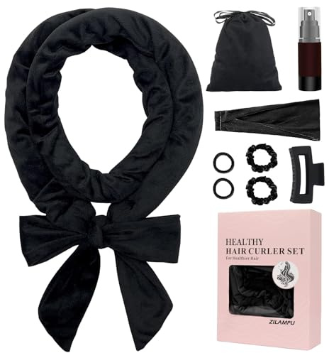ZILAMPU No Heat Curling Rod Headband, Overnight Velour Hair Curls Roller Wrap for Women with Long Hair - Black