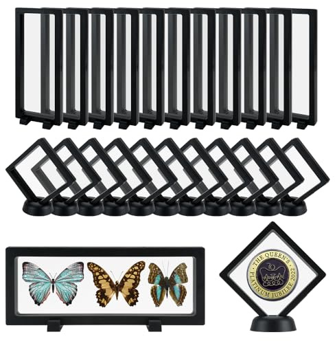 Chostky 24Pcs 3D Floating Display Case, Transparent Film Jewely Storage Box, Challenge Coin Display Holder Stand for Antique Challenge Coins Jewellery Shells Fossil Gemstones Rocks Specimen (Black)