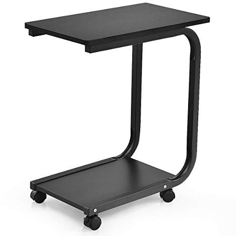 COSTWAY C-Shaped Side Table, Rolling Bedside Sofa End Table with 4 Wheels & Storage Shelf, Metal Frame Wooden Coffee Snack Laptop Overbed Table for Small Space, Living Room and Bedroom, Black