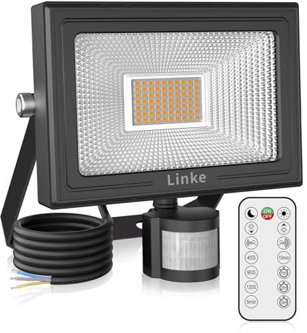 Linke 60W Security Lights Outdoor Motion Sensor, 5200LM Super Bright PIR Floodlights with Remote Control, 2700K Warm White IP66 Waterproof Perfect for Garden, Porch, Courtyard, Garage