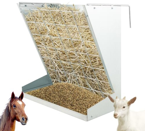 GYMAX Large Hay Rack, 2-in-1 Hay & Grain Feeder with Adjustable Hooks and Food Saving Grid, Wall-Mounted Hay Rack, Galvanized Steel Livestock Food Feeders for Goat Sheep Horse