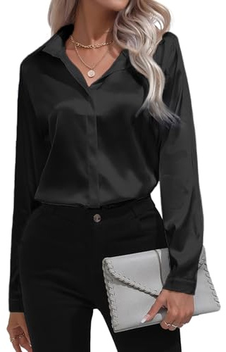 MGizo DtiSpectrum Camisa de Satén para Mujer - Manga Larga Con Botón Similar a la Seda, Cuello en V Sin Botones para Damas de Oficina, Blusa Elegante para Negocios y Casual