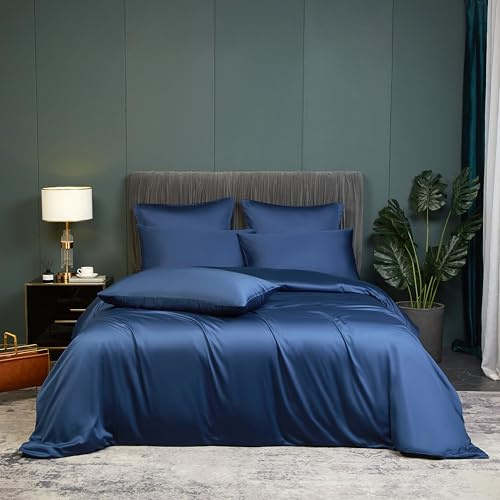 DXHOME Juego de ropa de cama de bambú 135 x 200 cm, 4 piezas, color azul oscuro liso, fibra de bambú suave, lujosa ropa de cama de verano, funda de edredón transpirable y refrescante con cremallera y