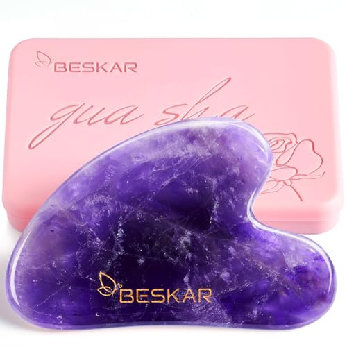 BESKAR Gua Sha Facial Tools, Natural Jade Stone Guasha Massager for Jawline Sculpting, Tighten Face Skin and Reduce Wrinkles, Face Eyes Body Neck Massage Tool, Skin Care Gift (Purple)