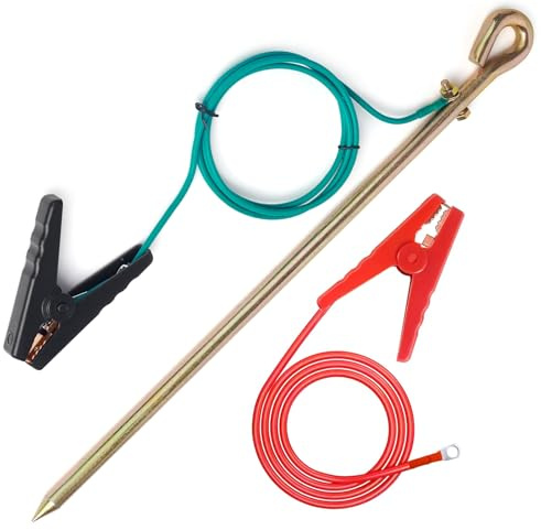 CYANTEKOMS Asta di terra portatile con cavo di messa a terra da 1,2 m 12 AWG UL elencato con clip a coccodrillo, ideale per recinzioni elettriche, antenne, generatori (asta di messa a terra con 2 cavi
