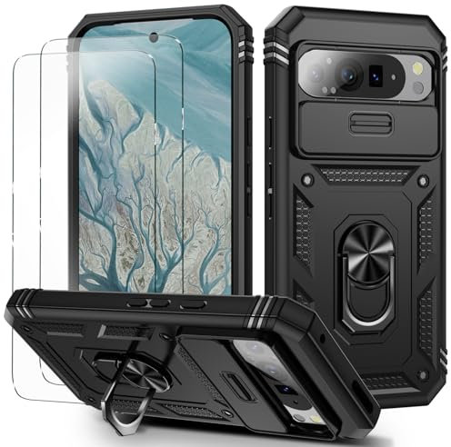 for Pixel 9 Pro XL Case with Camera Cover Slider, 2*Screen Protectors,Build in 360°Rotating Ring Kickstand, Military Grade Protective Case for Google Pixel 9 Pro XL-Black