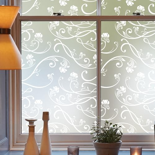 dktie Window Film Privacy Decorative Window Film White Flowers And Vines Pattern Opaque Frosted Glass Film Static Cling, No Glue, Uv Protection, Privacy Protection, Anti-glare 44.5x200cm