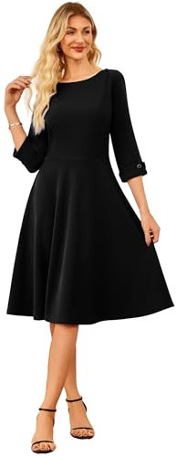 GRACE KARIN Women Summer 3/4 Sleeve Business Work Dresses OL Flared A-Line Midi Dress for Office Wear Black XL