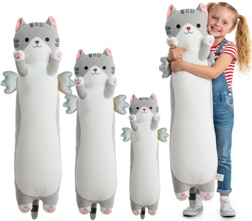 Kekeso Oreiller Peluche Chat Long, Coussin Corps Peluche Chat Mignon avec Ailes, Kawaii Douce à Câliner - Cadeau pour Enfants à Noël, Saint-Valentin & Anniversaire(Gris, 90cm/35.43in)