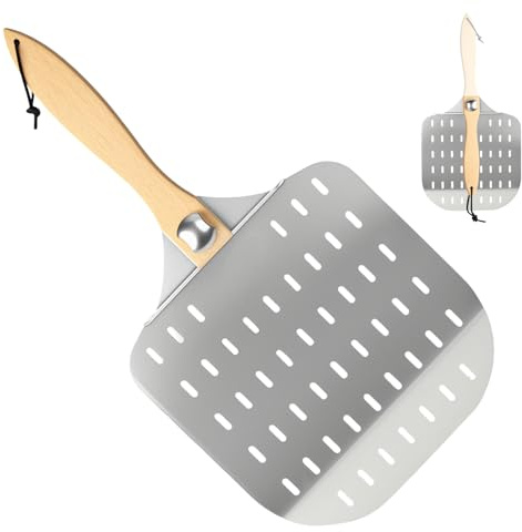 Junrvivy Pizzaspade perforerad, 30 x 60 cm, aluminiumpizzaspade med avtagbart fällbart handtag – utrymmesbesparande, den perfekta pizzakokarassistenten