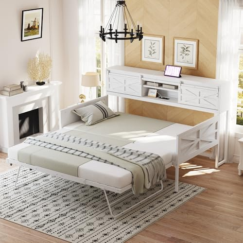 Sofá cama extensible de hierro, 90 x 200 cm, con espacio de almacenamiento y enchufes, sofá cama resistente de hasta 120 kg, diseño 2 en 1 para habitaciones de invitados y apartamentos pequeños