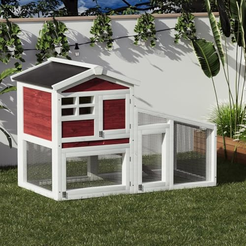 2-Tier Rabbit Hutch, 54 Wooden Bunny Cage with Non-Slip Ramp & Removable Tray, Indoor Outdoor Wooden Bunny Hutch with Weatherproof Asphalt Roof for Rabbits, Guinea Pigs, Chickens