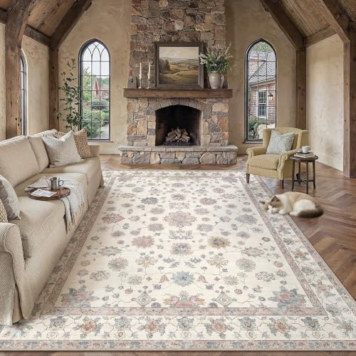 PureCozy Vintage Rugs Living Room Rug 200x300cm Beige Washable Carpet | Retro Area Rug,Non Slip,Large Carpet,Soft,for Living Room,Bedroom,Lounge,Office