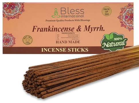 Bless-Frankincense-and-Myrrh 100%-Natural-Handmade-Hand-Dipped-Incense-Sticks Organic-Chemicals-Charcoal-Free Purification-Relaxation-Positivity-Yoga-Meditation Best-Woods-Scent (500 Sticks (26 OZ))