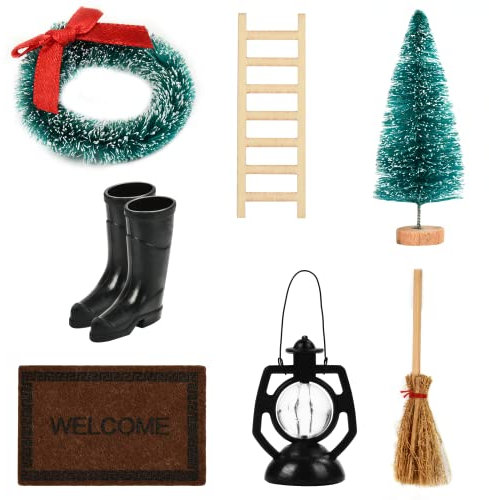 EKKONG Casa de Muñecas de Navidad Decoración, Casa de muñecas en Miniatura, Mini Adorno para Navidad Botas, árbol de Navidad, Corona de Navidad, Escoba, Escalera de Madera, Alfombra, Linterna, 7PCS