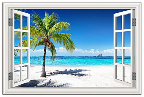 Beach Pictures Wall Art Decor for Living Room Blue Ocean Painting for Bedroom White Window Frame Style Palm Trees Canvas Wall Blue Coastal Landscape Artwork for Bathroom Home Office Decorations, Ready to Hang (24*36, Beach Palm Trees Wall Art)