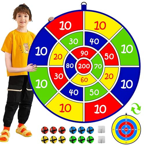 Kids Double Sided Dart Board with 12 Sticky Ball Toys, Indoor Outdoor Games And Birthday Party,, Suitable For 3 4 5 6 7 8 9 10 11 12 Year Old Boys And Girls（25.5in/65cm