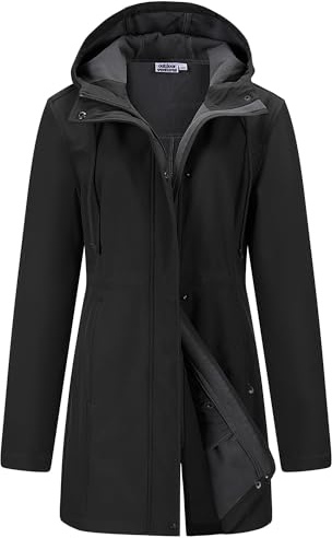 Outdoor Ventures Softshell Jacket Ladies Rain Jacket Functional Rain Coat Windbreaker Waterproof Hiking Jacket Breathable Outdoor Jacket with Hood for Spring Fall Winter Black XS