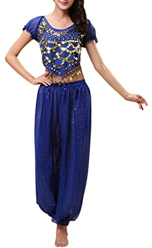 Oneyijun Damen Bauchtanz Kostüm Sets Tanz Tanzen Top Laterne Hosen Professionel Karneval Tänzer Outfit Suit