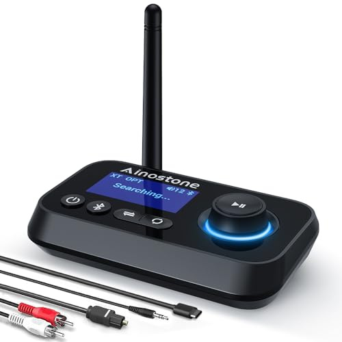 Ainostone 3-in-1 Bluetooth 5.3 Sender Empfänger für 2 Kopfhörer Bluetooth Audio Adapter Low Latency Transmitter mit Bypass Schalter Lautstärkeregelung AUX Optisch RCA für TV Stereoanlage PC