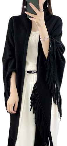Ailaile 100 % merinoull sjal dam tofs poncho cape cardigan höst vinter lös öppen tröja kappa, Svart, one size