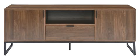 PADMA HOUSE Meuble TV 2 Portes, Support Télé avec Étagères Réglables, Longueur 140 cm, pour Télévisions 60 Pouces, Salon, Salle à Manger, Chambre (Noyer Foncé avec Tiroir)