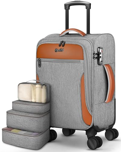 Carry On Luggage 22x14x9 Airline Approved, 20 Inch Softside Suitcase with 4 Pcs, Lightweight Luggage for Women Men with TSA Lock and 4 Spinner Wheels, Soft Side Carry-on Suitcases for Travel, Grey